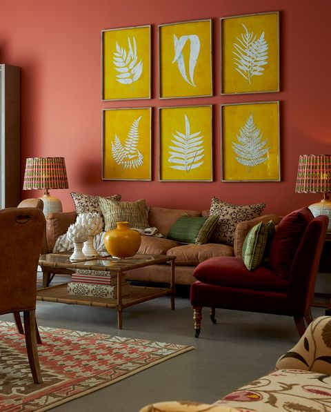 deep coral room with yellow art