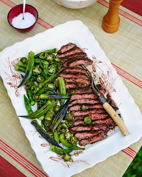 grilled okra and jalapeños on a serving tray with coffee and brown sugar crusted skirt steak