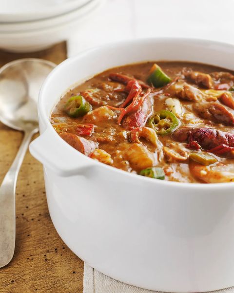 seafood gumbo in a big white pot