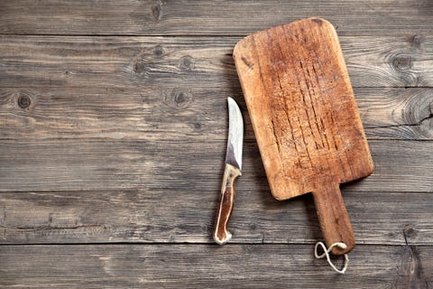 old cutting board and knife