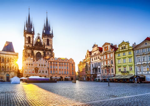 old town square and church of our lady before týn in prague at sunrise czech republic