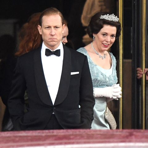 Olivia Colman as Queen Elizabeth II, filming The Crown at the Royal College of Physicians