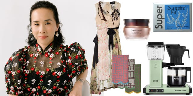 a headshot of nordstrom creative home director olivia kim sitting near some of her favorite picks for home and fashion