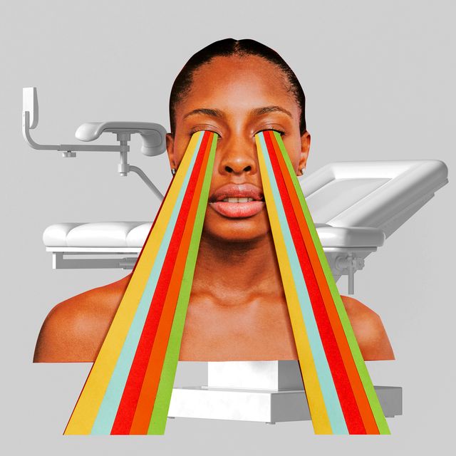 black woman with rainbow coming out of her eyes in front of a medical table