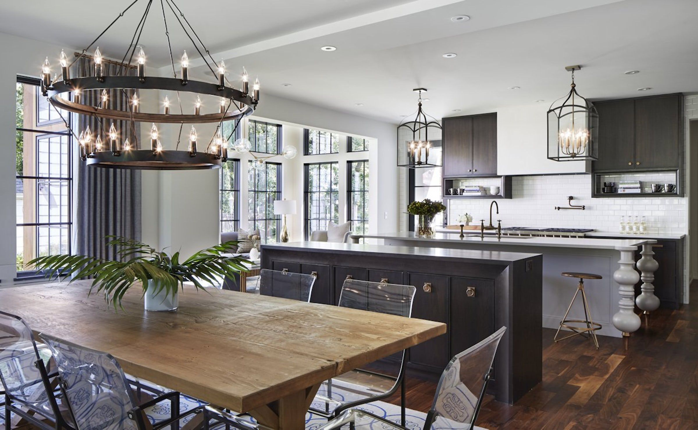 open concept kitchen living room and dining room