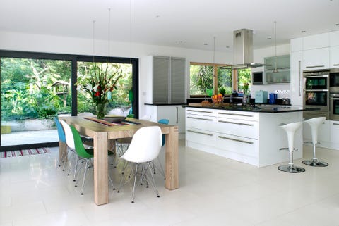 Open plan kitchen and dining area in residential house, UK