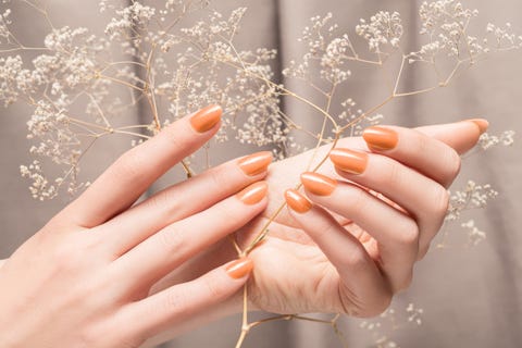 female hands with glitter beige nail design female hands hold dry autumn flower woman hands on beige fabric background