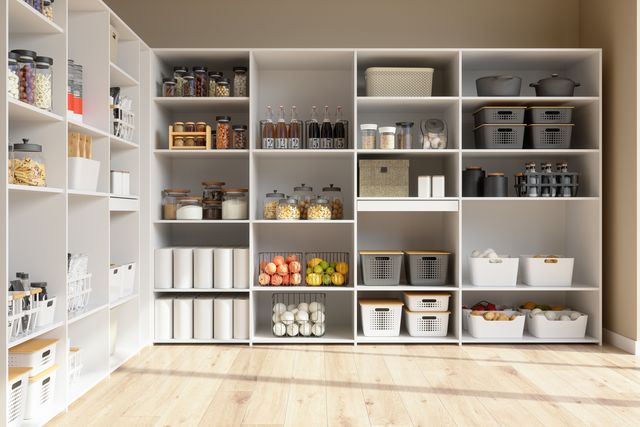 organised pantry items in storage room with nonperishable food staples, preserved foods, healty eatings, fruits and vegetables