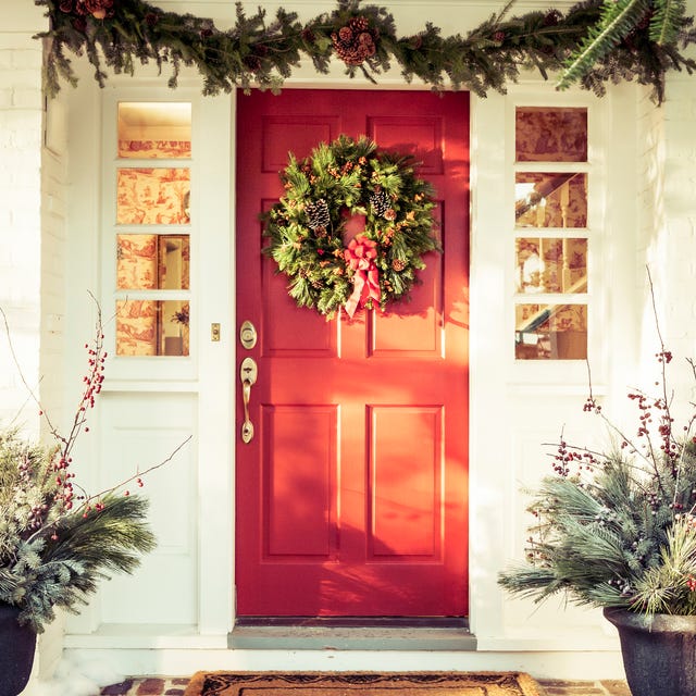 outdoor christmas decorations exterior red door decorated for christmas