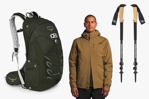 a backpack, man wearing a jacket, and trekking poles