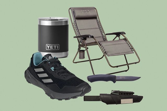 collage of adidas trail shoe camping chair yeti rumbler knife and fire starter set