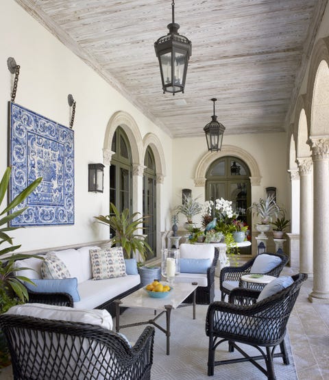 outdoor garden room terrace blue and white