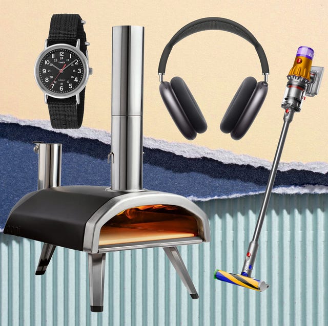 collage of a watch, pizza oven, headphones, and dyson