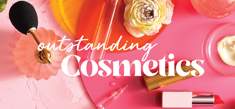 outstanding cosmetics product section lipstick, vintage perfume bottle, creams and flowers on pink background