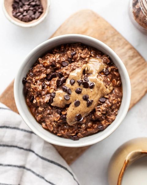 healthy chocolate overnight oats with nut butter