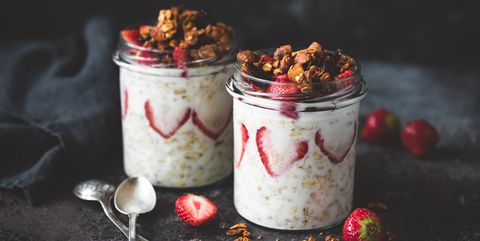 Overnight oats with strawberries and granola in jar