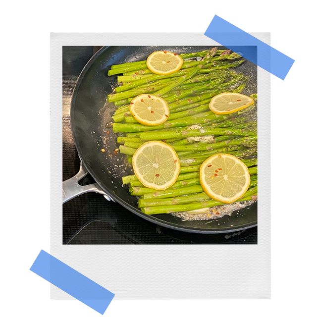 oxo nonstick fry pan with asparagus