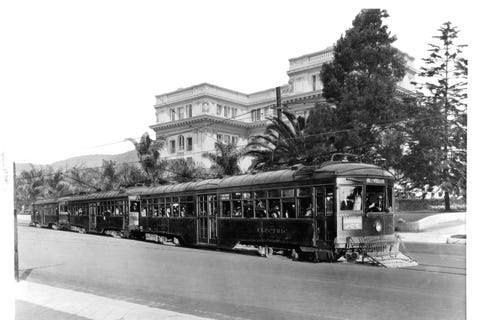 Pacific Electric Rail Car on Hollywood Boulevard just west of Highland Avenue in Los Angeles, California