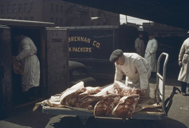 men unload meat from vans at a meat packing plant in chicago, usa, circa 1955 photo by harvey mestonarchive photosgetty images