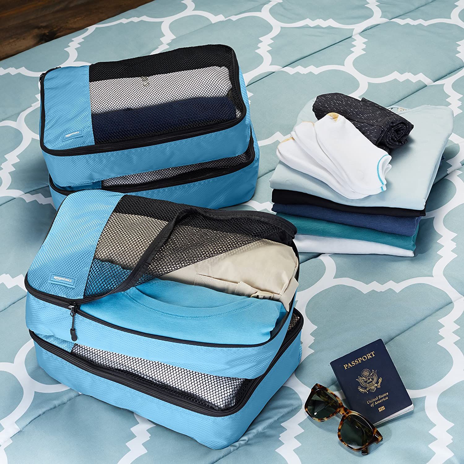 Sky Blue Basics 4 Piece Packing Travel Organizer Cubes Set 