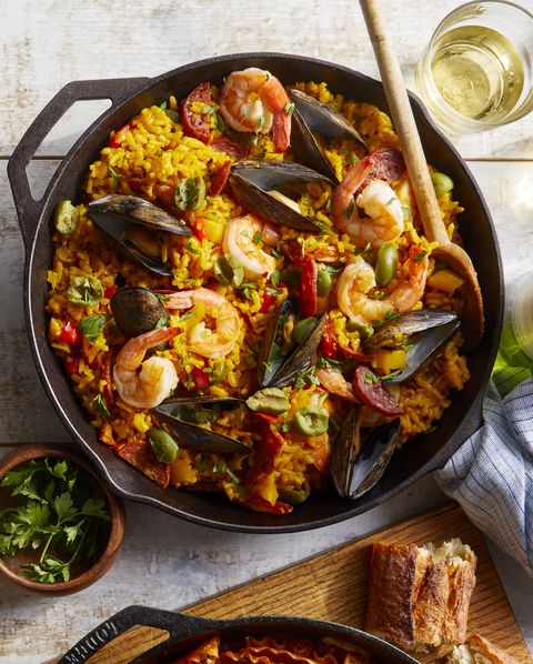 seafood and chorizo paella with bell peppers