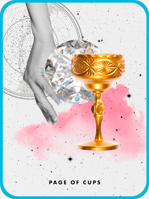 the tarot card the page of cups, showing a golden goblet next to a hand