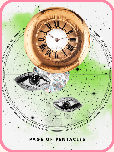 Pentagon page The tarot card is a pentagonal page showing a golden clock and a diamond and two eyes above the starry sky.