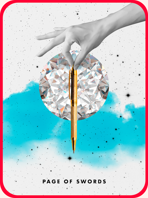 the tarot card the page of swords, showing a hand holding a gold pen in front of a diamond
