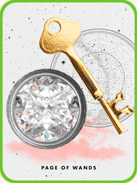 la carte de tarot la page des baguettes, montrant une clé en or à côté d'un diamant