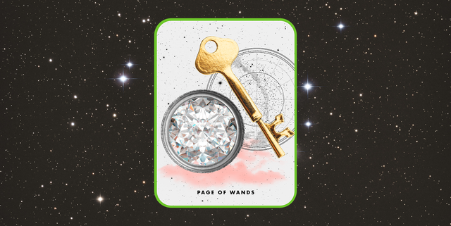the tarot card the page of wands, showing a golden key next to a circular diamond