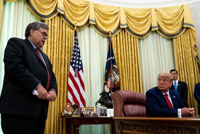 washington, dc   july 15 us attorney general william barr speaks as president donald trump listens in the oval office of the white house after receiving a briefing from law enforcement on "keeping american communities safe the takedown of key ms 13 criminal leaders" on july 15th 2020 in washington dc  photo by anna moneymaker poolgetty images
