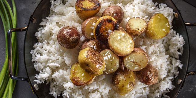 pan fried potatoes over white rice