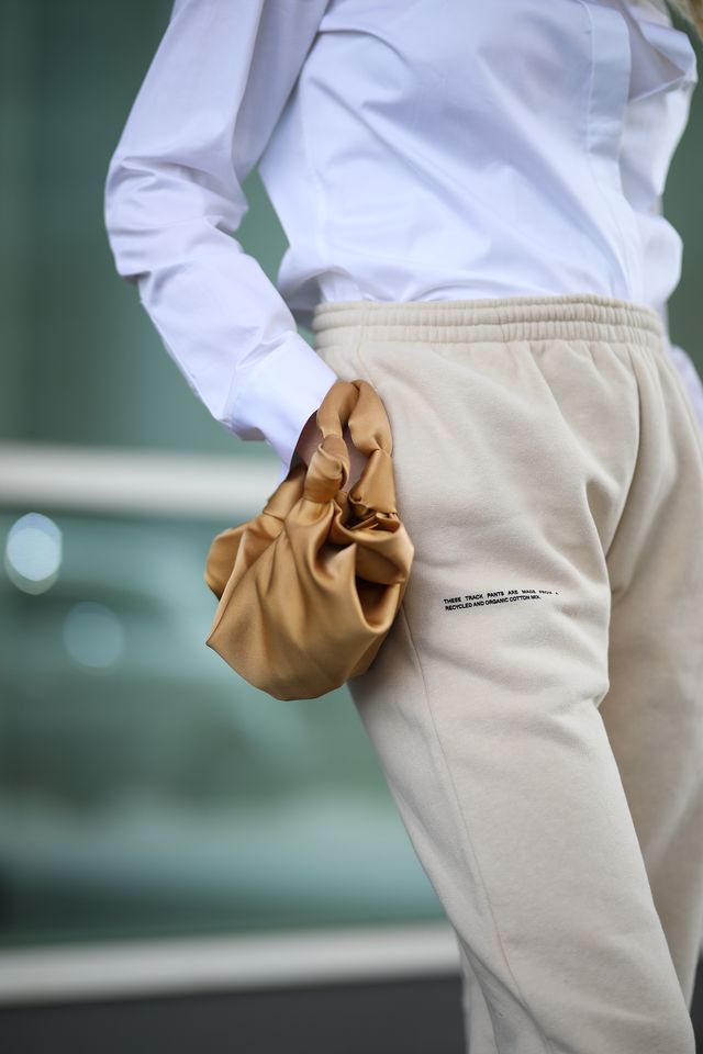 hamburg, germany   may 28 isabelle schroeder wearing pangaia joggingpants, the row mini bag and white flanell on may 28, 2020 in hamburg, germany photo by jeremy moellergetty images