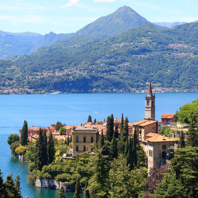 panorama of varenna at lake como with mountains in italy