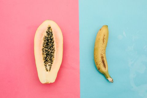 papaya and banana from above. Sex concept