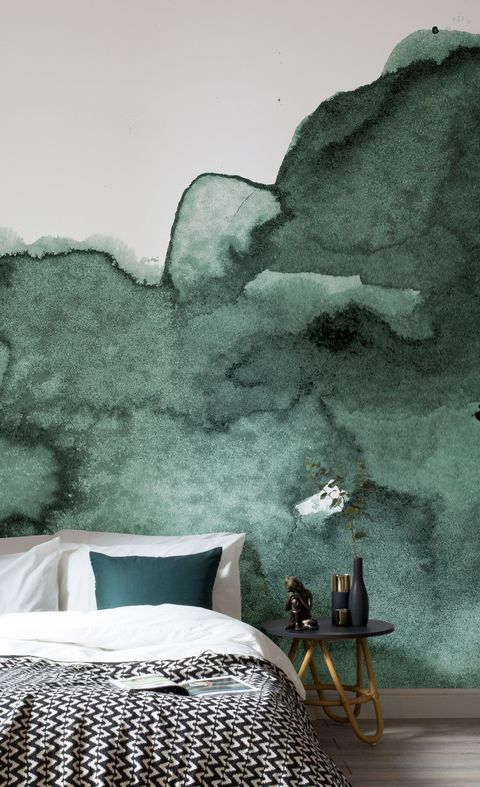 papel pintado acuarela verde dormitorio