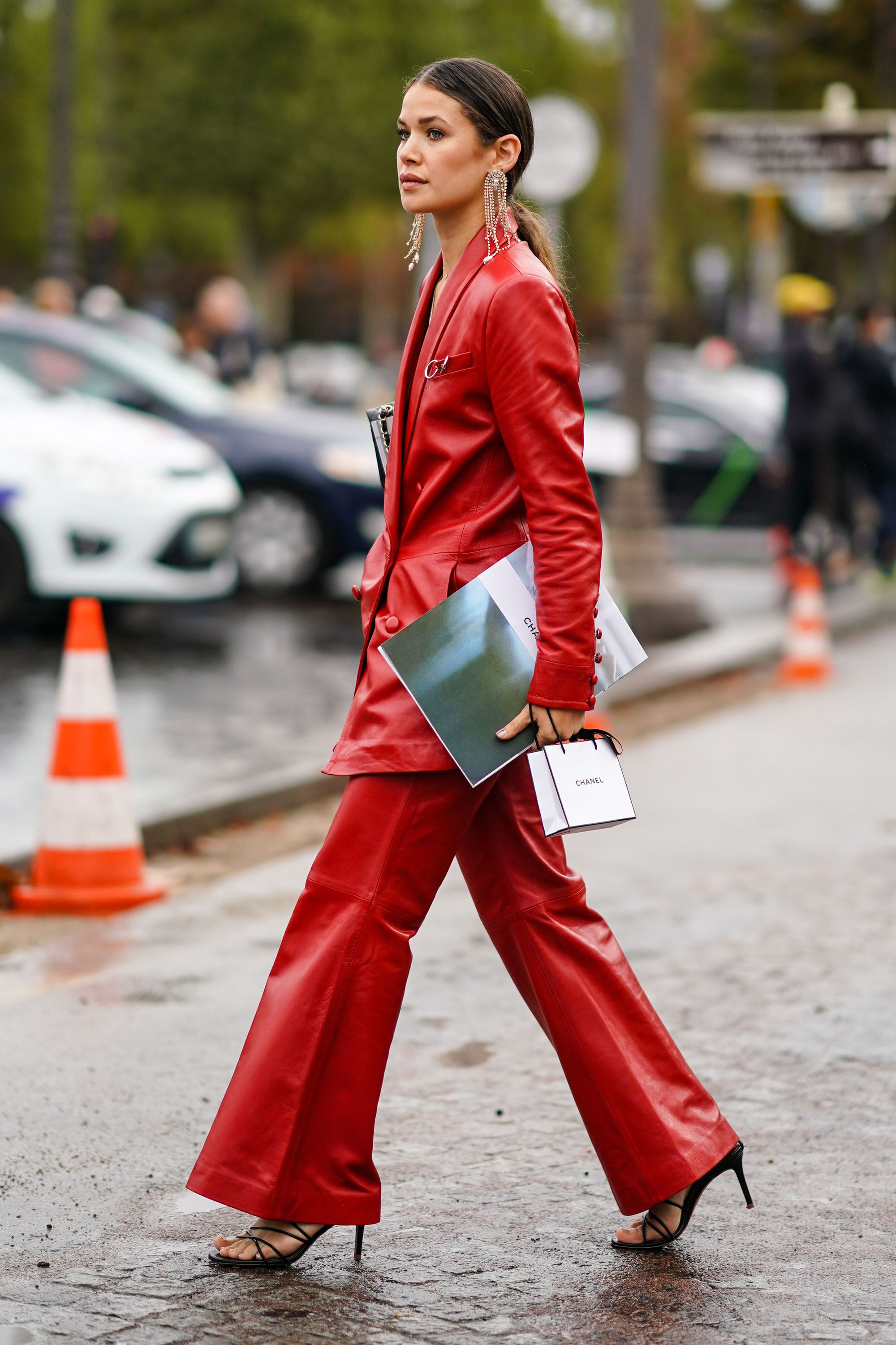 red all in one trouser suit