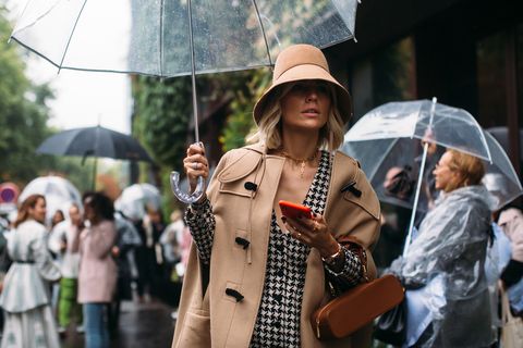 Human body, Umbrella, Coat, Outerwear, Street fashion, Jacket, Hat, Fashion accessory, Fashion, Bag, 