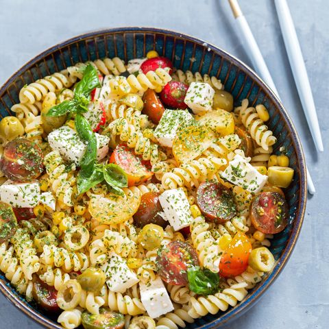 pasta salad with feta cheese and fresh tomatoes