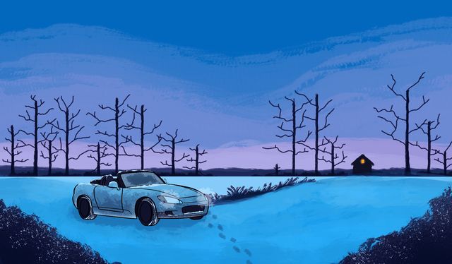 an illustration of a honda s2000 convertible in a snowstorm