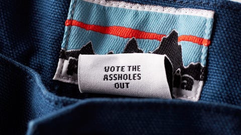 a patagonia tag with the phrase "vote the assholes out"