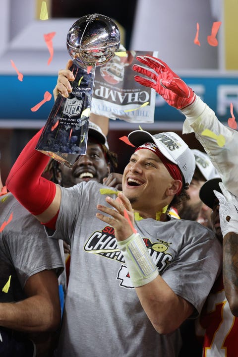 miami, florida   february 02 patrick mahomes 15 of the kansas city chiefs celebrates with the vince lombardi trophy after defeating san francisco 49ers 31 20 in super bowl liv at hard rock stadium on february 02, 2020 in miami, florida photo by rob carrgetty images