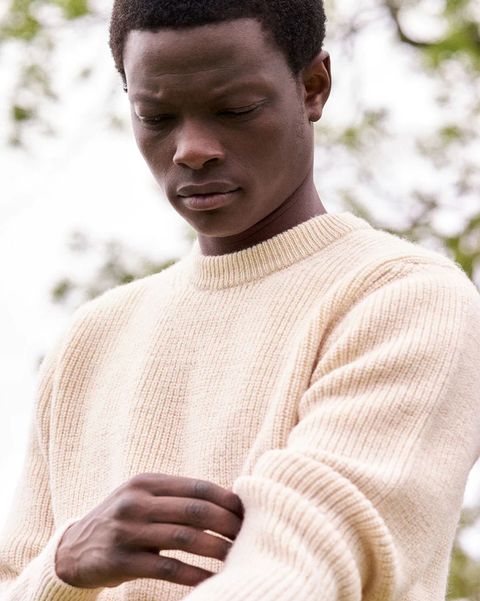 man wearing sunspel luxury british wool jumper