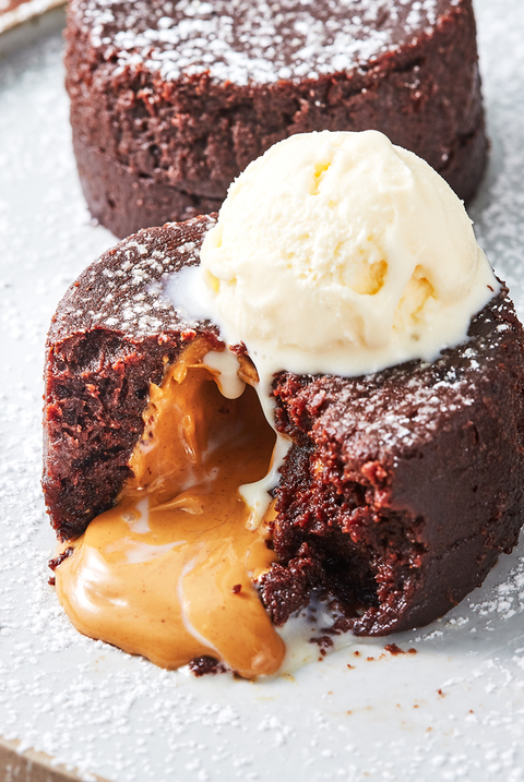 air fried mini chocolate cakes stuffed with molten peanut butter and topped with vanilla ice cream