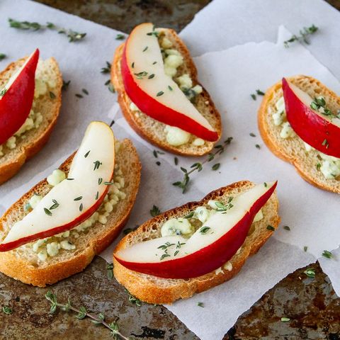 pear and blue cheese crostini on parchment