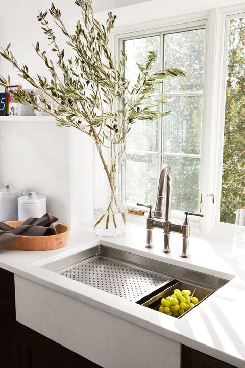 White, Room, Sink, Yellow, Interior design, Kitchen, Countertop, Home, Floor, Furniture, 