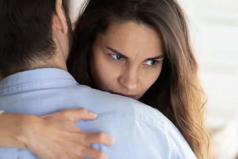 pensive young woman hug boyfriend doubt in relationships