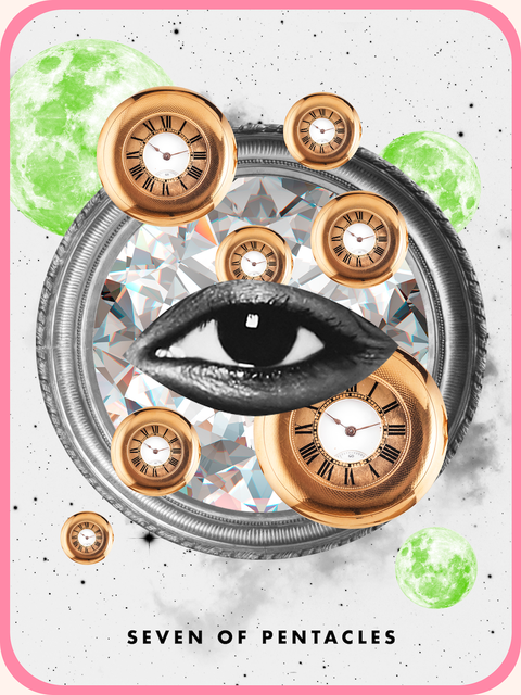 the Seven Pentacles tarot card, showing seven golden clocks over an eye and a diamond