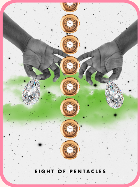 the Eight of Pentacles tarot card, showing eight golden clocks aligned between two hands