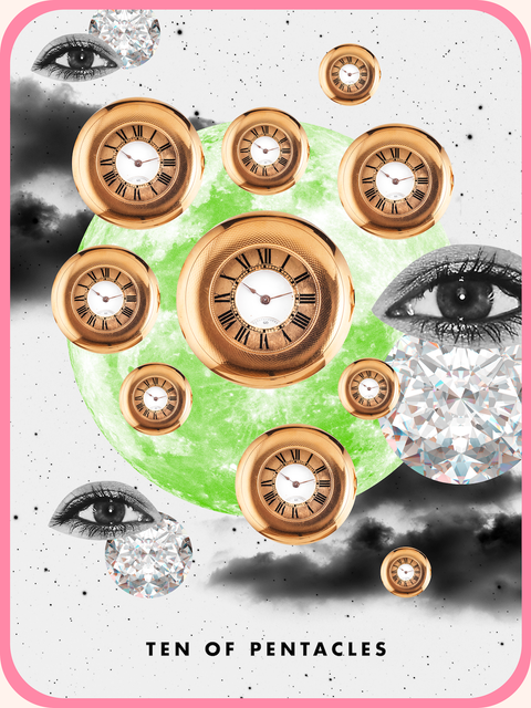 Ten of five-pointed stars The tarot card is 10 pentagrams, and 10 gold coins are displayed in the green full moon sky.